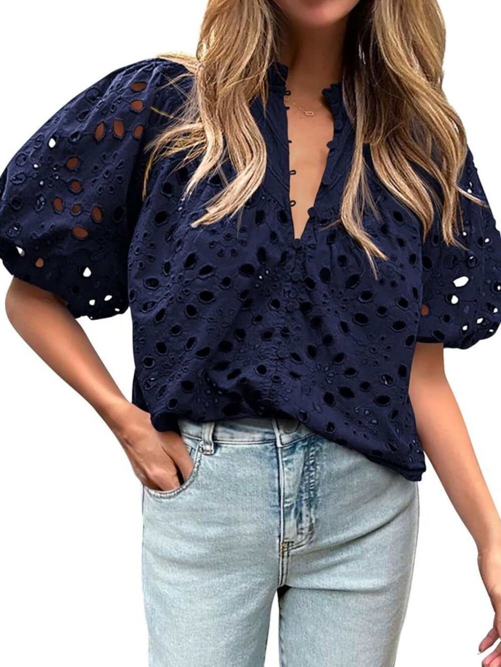 Chic Puff Sleeve Eyelet Women's Blouse - Dressy Top for Any Occasion